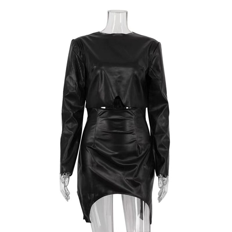 

Western Style round Neck Irregular PU Leather Top Skirt sets Leather Top and Skirt Set Black S
