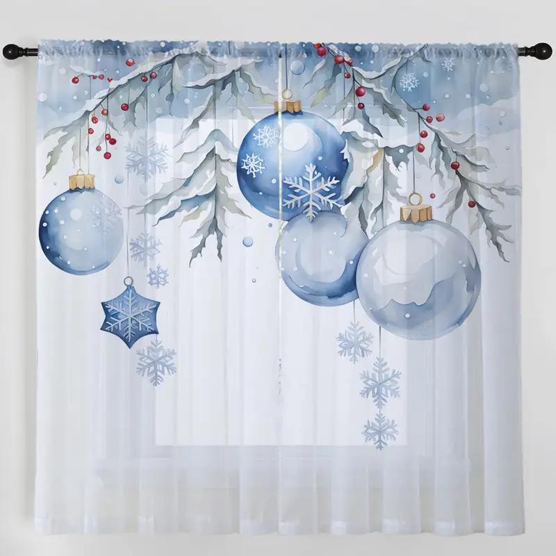 2pcs Christmas blue ball sheer curtains with pole bag design   privacy protection   suitable for decoration in various scenes