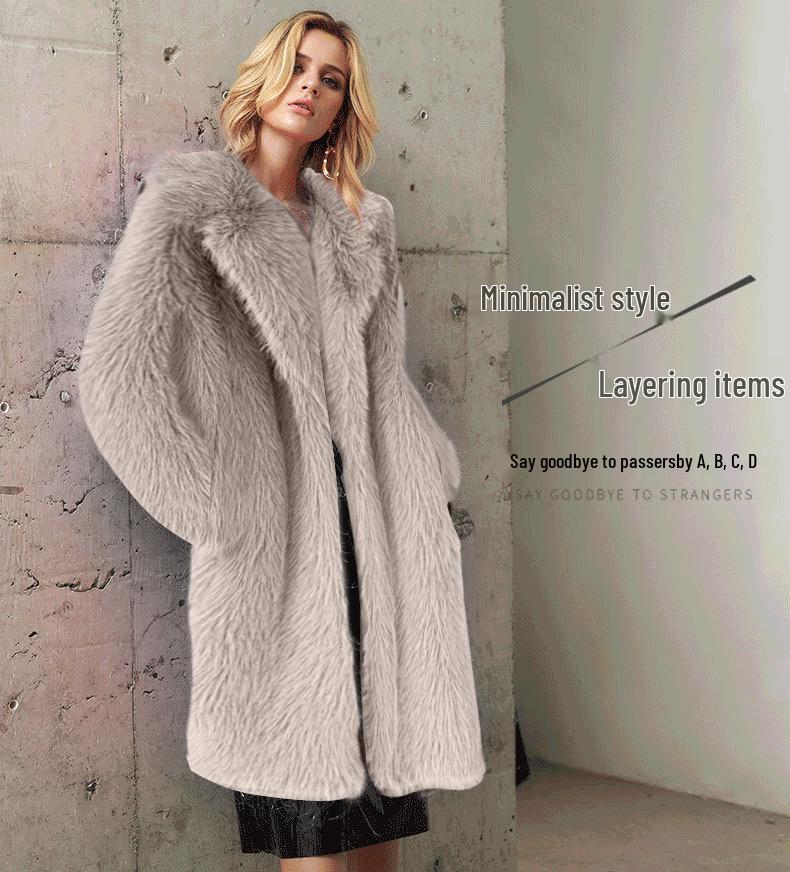 European & American Women's Winter Faux Fur Long Coat with Suit Collar