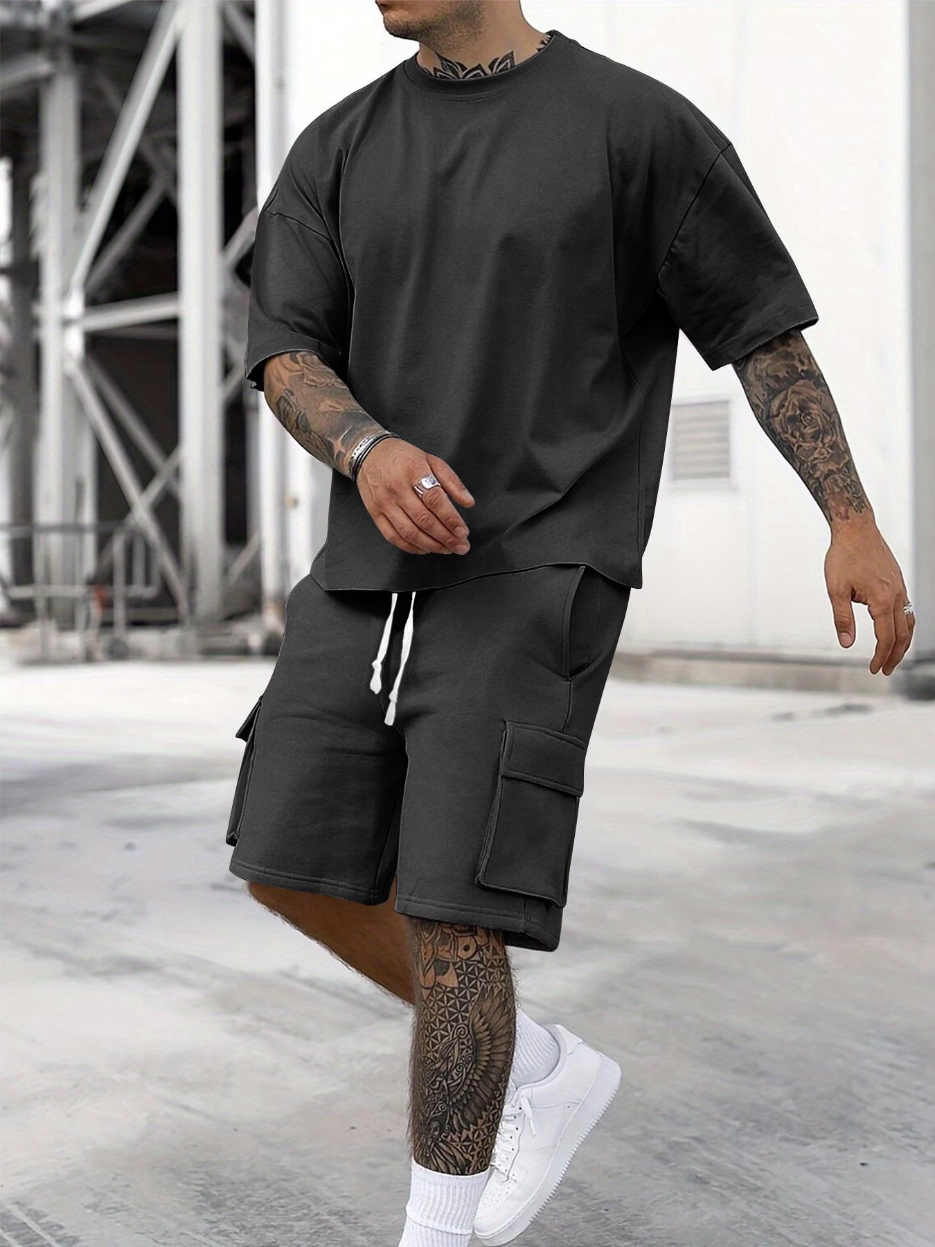 Летняя мода 2025 года: мужская футболка и рабочие шорты – повседневная спортивная одежда Large чёрный