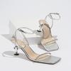 Women's new one-word sandals women's sexy transparent rhinestone fashion square head ankle strap stilettos