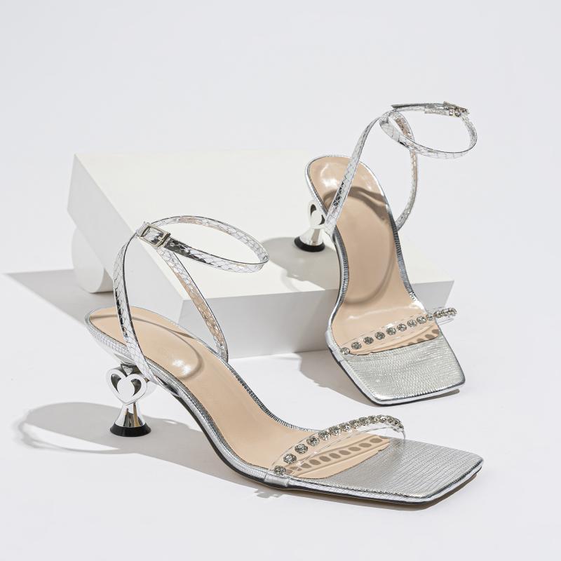 Women's new one-word sandals women's sexy transparent rhinestone fashion square head ankle strap stilettos