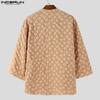 INCERUN Oversized Men Collarless 3/4 Sleeve Flowers Texture Casual Tunic Tops Shirts
