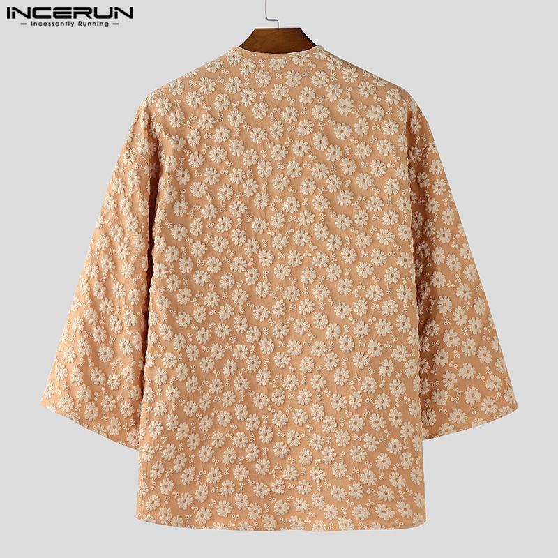 INCERUN Oversized Men Collarless 3/4 Sleeve Flowers Texture Casual Tunic Tops Shirts