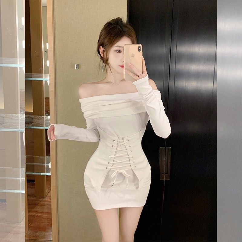 Pure desire wind sister Spice girl sexy fake two-piece one-word shoulder dress super good-looking tight hip-wrapped short skirt autumn and winter