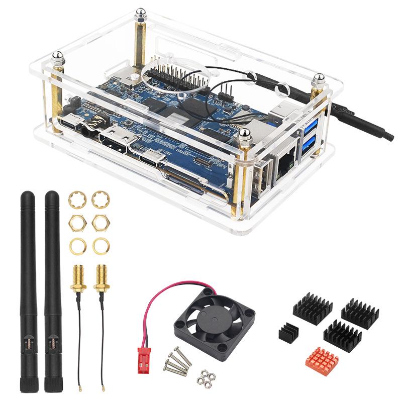 Orange Pi 5B Transparent Acrylic Case with Fan, WIFI, Bluetooth Receiver, and Orange Pi 5 Protection.