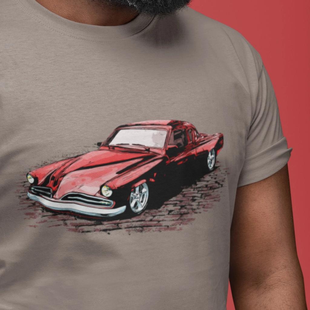Klassisches Auto-T-Shirt mit einem roten 53er Studebaker Commander, 1953 Stude