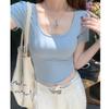 Red U-neck short-sleeved front-shoulder T-shirt women's summer new simple Spice Girl fashion slim-fitting short top