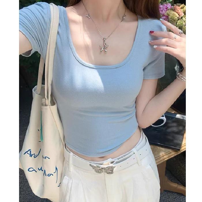 

Red U-neck short-sleeved front-shoulder T-shirt women s summer new simple Spice Girl fashion slim-fitting short top 2XL світло-синій колір