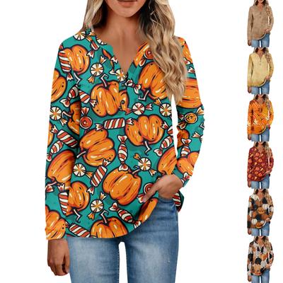 Women's Button Neck Tops Women's Casual Everyday Tops Long Sleeve V Neck Fashion Print Shirt Tops Pocket Tee Sweatshirts