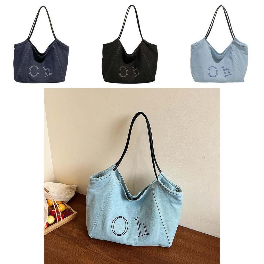 Style Large Capacity Denim Bag For Casual Daily With Embroidery And Magnetic Closure