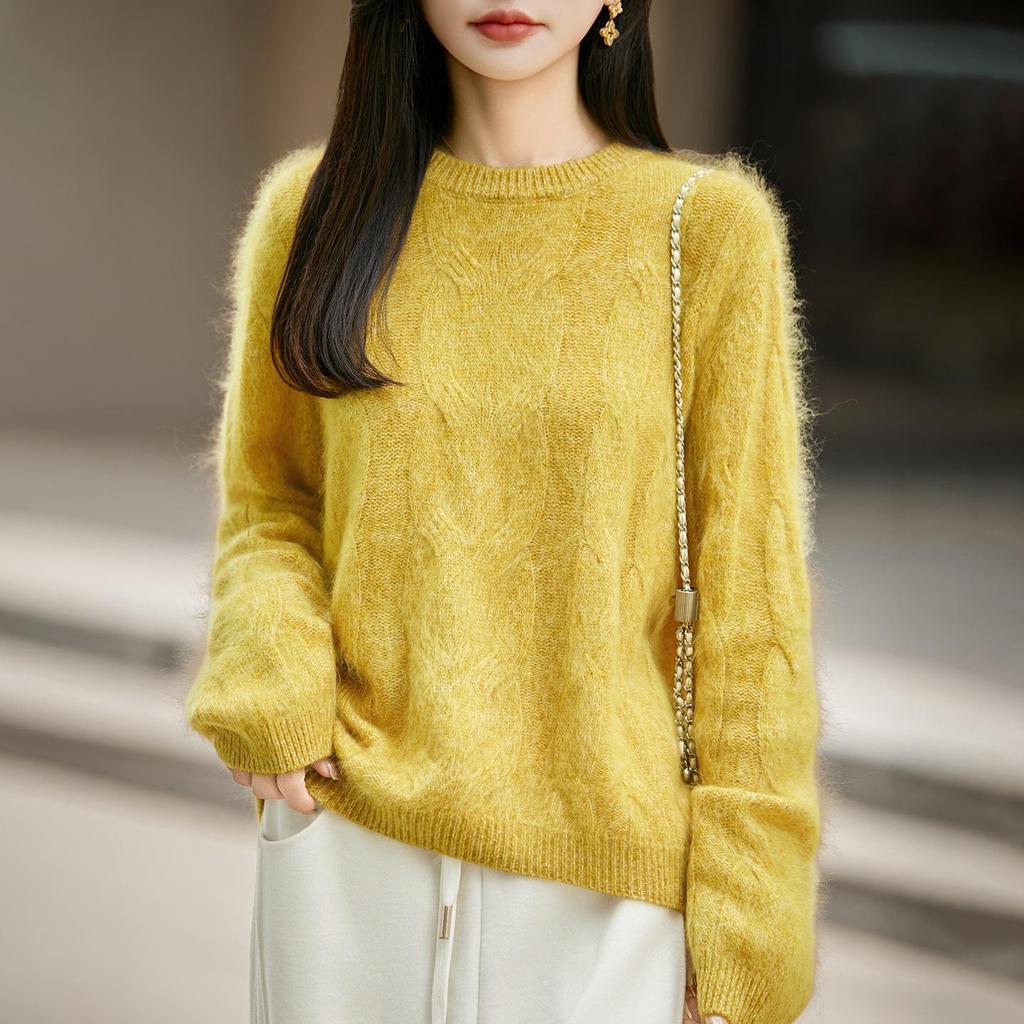 2026 Autumn/Winter Women's Marled Cashmere Wool Knit Sweater - Round Neck, Long Sleeve, Brushed Loose Fit