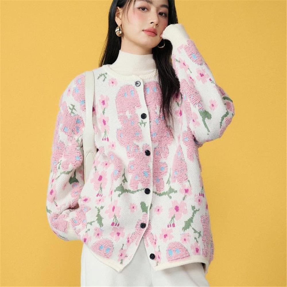 Sweaters Flower Coat Pink Cardigan Autumn Women Print O-Neck Bat Sweaters Knitting Loose Sweater Green