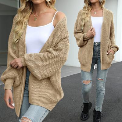 Women Sweater Coat Collarless Lantern Long Sleeve Open Front Knitting Coat Solid Color Loose Fit Mid-length Outwear