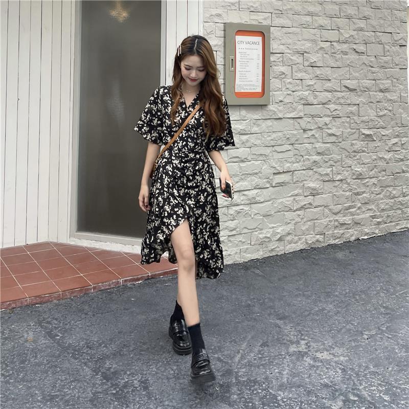 Floral Dress Medium and Long Women's Clothing New Summer Irregular Short-sleeved Skirt Waist and Thin Design