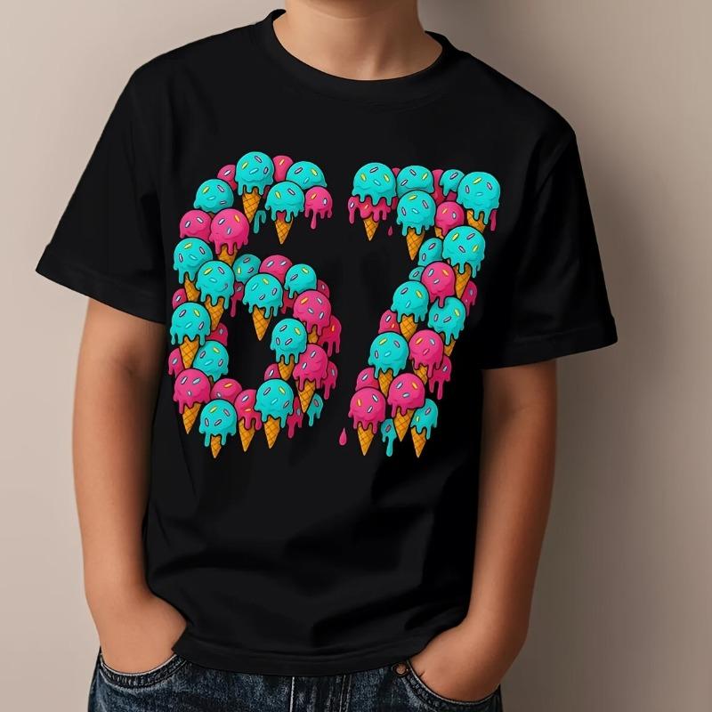 Kids Crewneck Short Sleeve Graphic T-Shirt Design No.67, Colorful Ice Cream Cone Didi Print