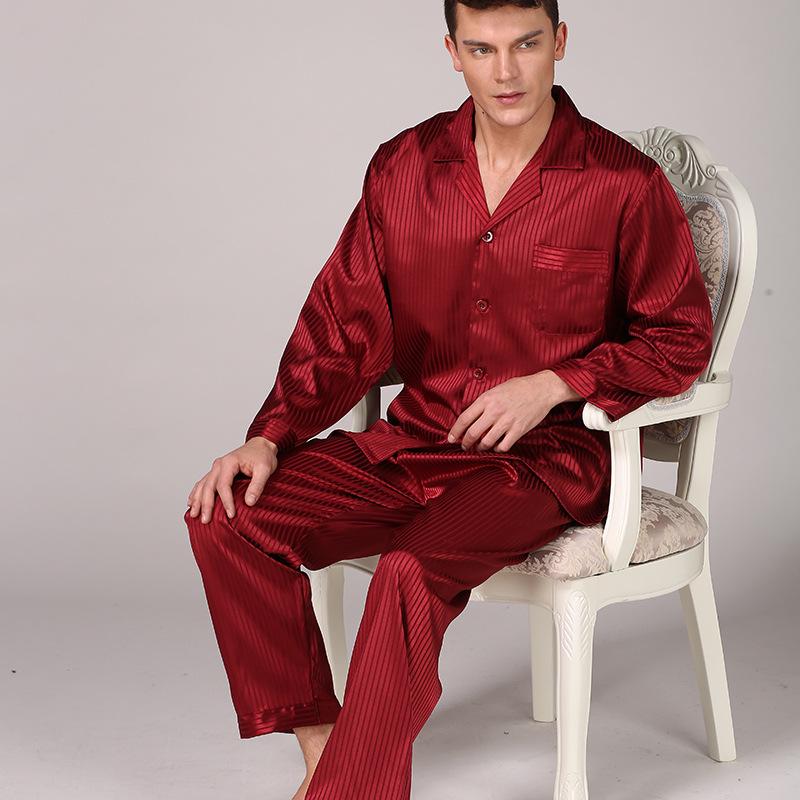 Men's Long Sleeve Striped Faux Silk Pajama Set with Pants - Plus Size