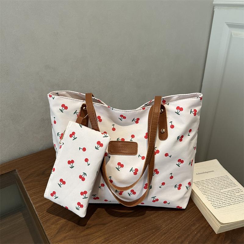Damen Canvas-Tragetasche mit Kirschmuster, lässige große Schultertasche mit passendem Münzbeutel zum Einkaufen