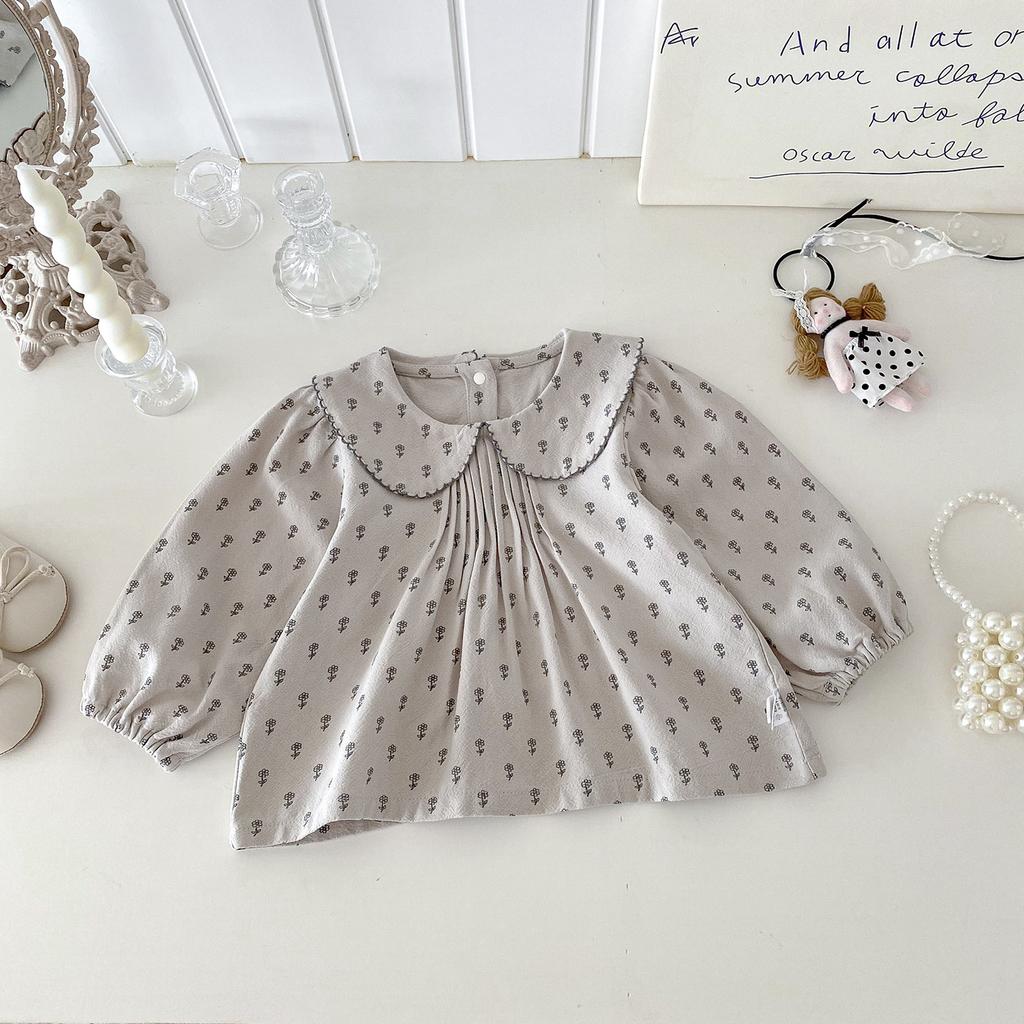 Autumn Baby Girl Fashionable All Over Print Shirt And Flare Pants Two Piece Outfit Set