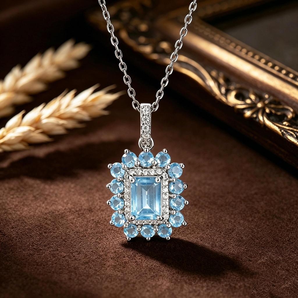 925 sterling silver necklace pendant natural Sky Blue Topaz elegant and noble for women anniversary & banquet & engagement gift