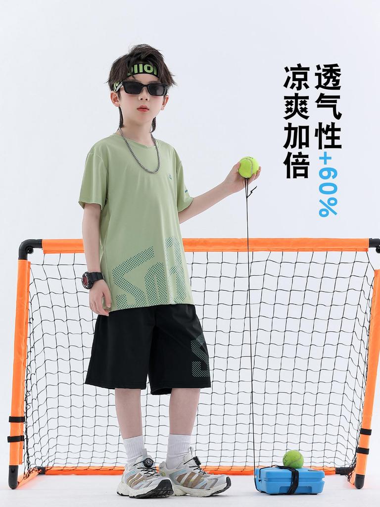 Boys' Ice Silk Summer 2026 Two-Piece Set: Short Sleeve T-shirt & Shorts for Middle and Older Children - Thin Style Sportswear.