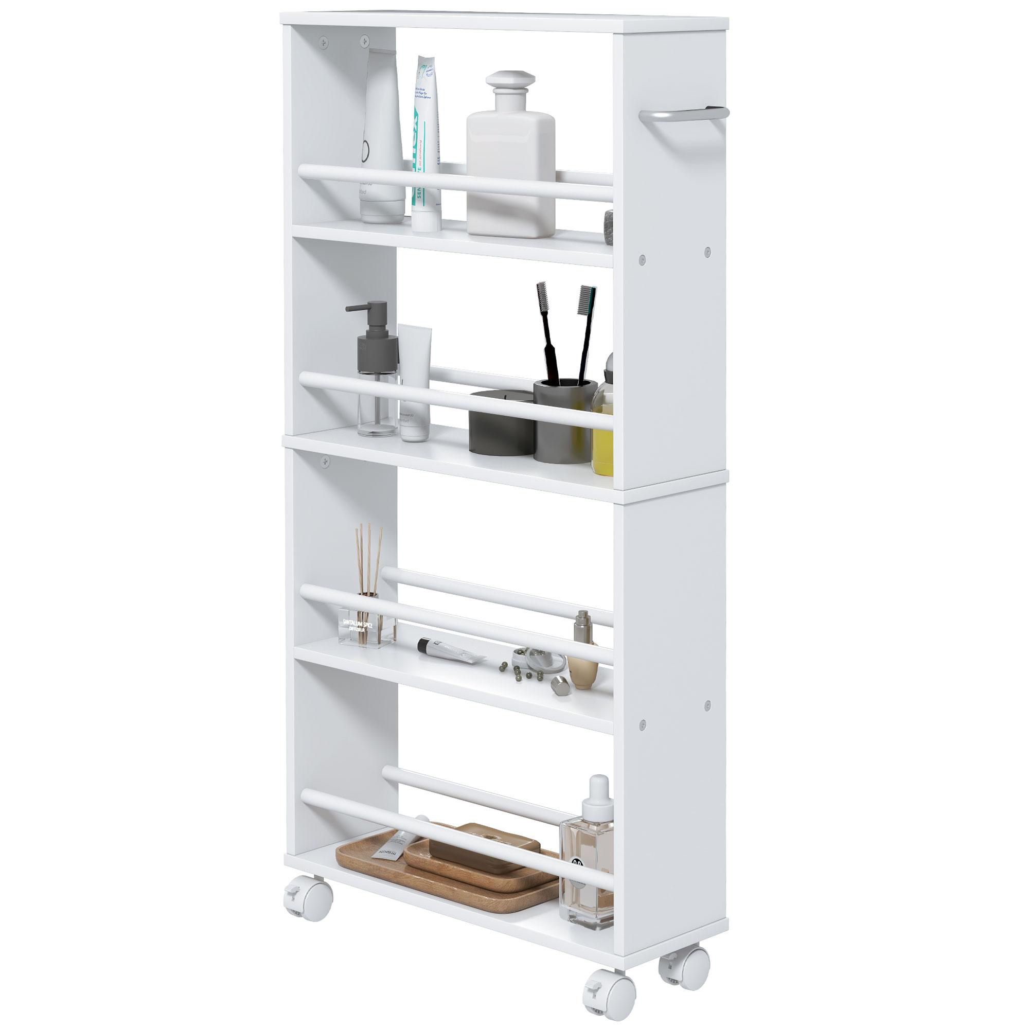 Étagère Multifonctionnelle à Roulettes Design Étroit 4 Compartiments 45x15x91 Cm Blanc