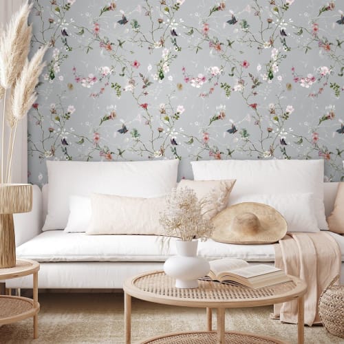 VEELIKE Floral Wallpaper Stickers, Japanese Style, Plum Blossoms and Butterflies, Gray, Remake Sheet, Cutting Sheet, Renovation, Interior Decor, Wallp