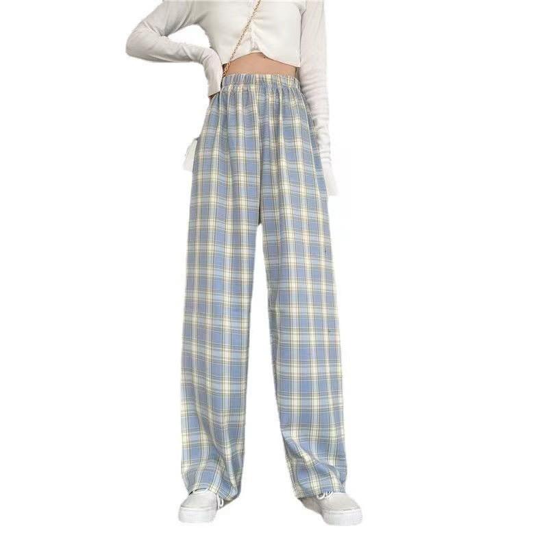 Womens High-Waisted Wide-Leg Plaid Trousers Lightweight Flowy Loose Fit Casual Pants 2026