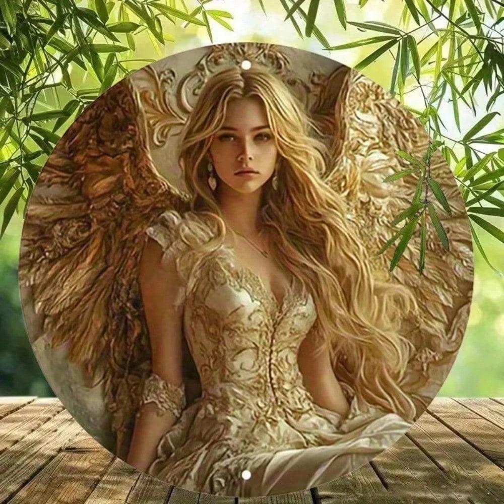Metal Wall Art Angel Wings Vintage Round Tin Sign 8 Inch Home Decor