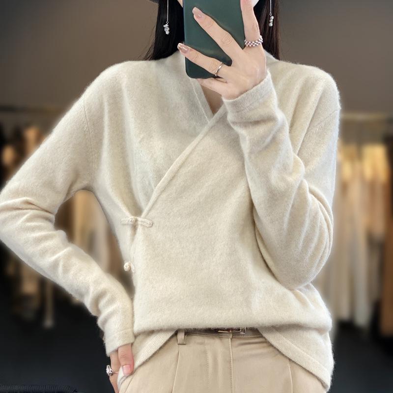 100% Pure Wool Women's Cross-Button Sweater - Trendy Autumn/Winter Base Layer Cashmere