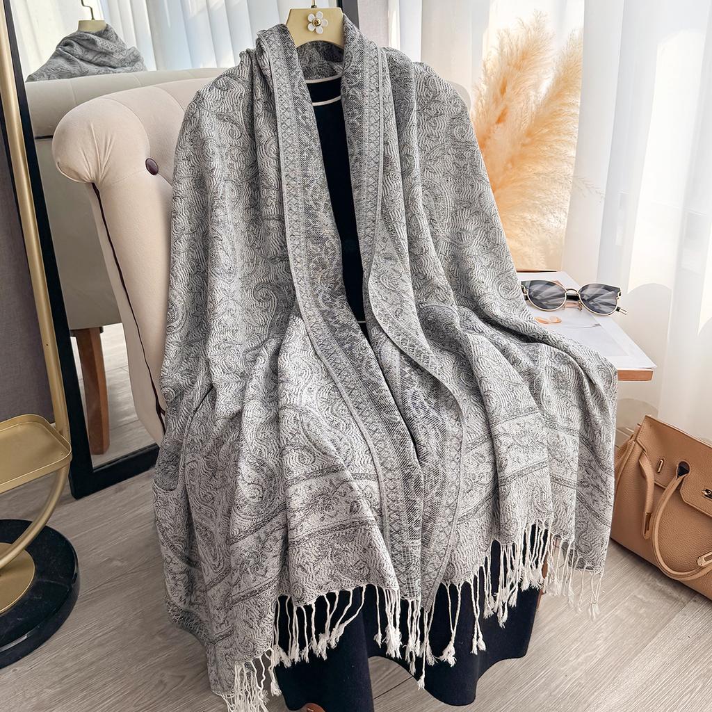 Modischer Damen Winter Warmer Kaschmirschal - Quastenbesetzter Vintage Floral Ölmalerei Gedruckter Pashmina Dicker Schal