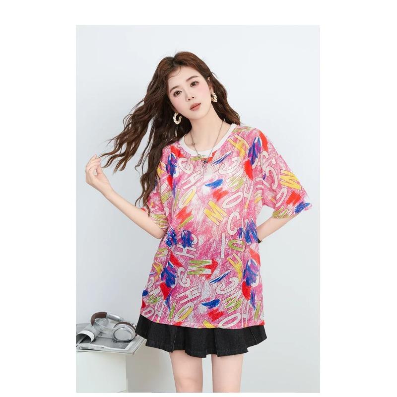 DIMANAF 2026 Plus Size Summer Beach Women Shirt T-Shirts Casual Lady Tops Tunic Tees Oversize Loose Floral Print Knitted