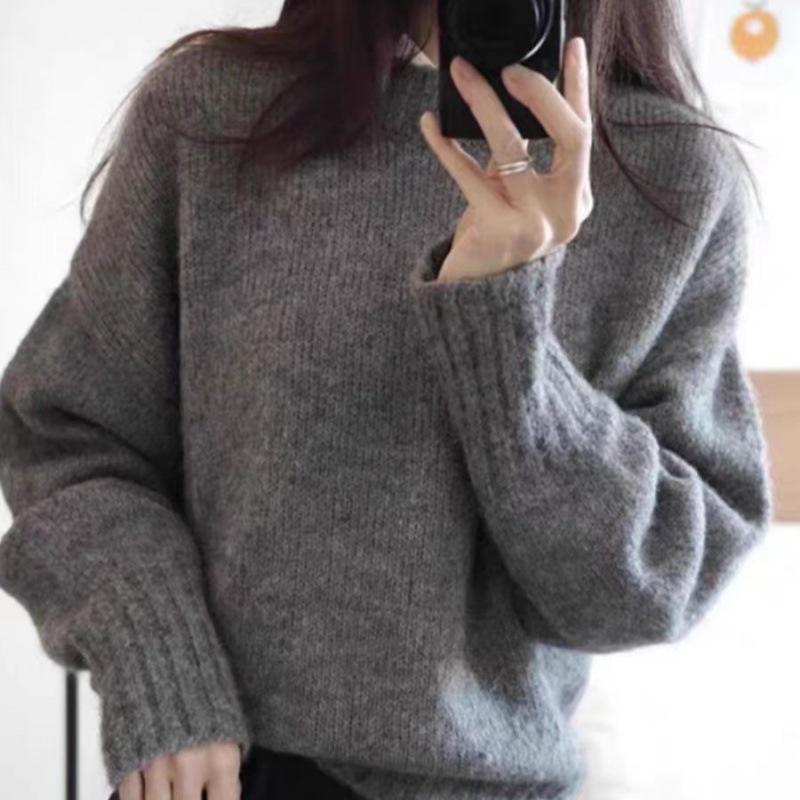 Women's 100% Wool Drop Shoulder Crew Neck Sweater - Autumn/Winter Loose Fit Long Sleeve Pullover.