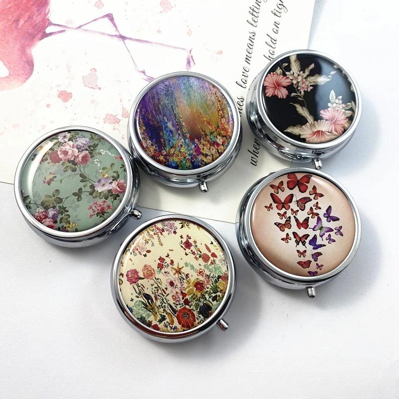 Metal Round Natural Flowers Pill Boxes Holder 3 Grids Medicine Case Small Portable Case Container Splitters