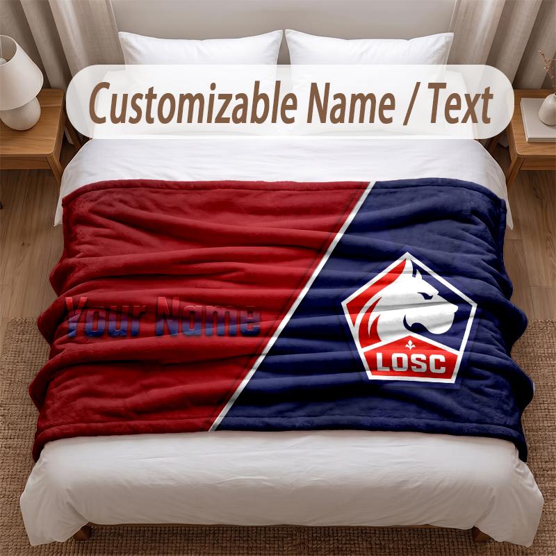 LOSC Lille FC Printed Flannel Blanket Custom Name Text Soft Warm Throw For Bedroom Holiday Gift
