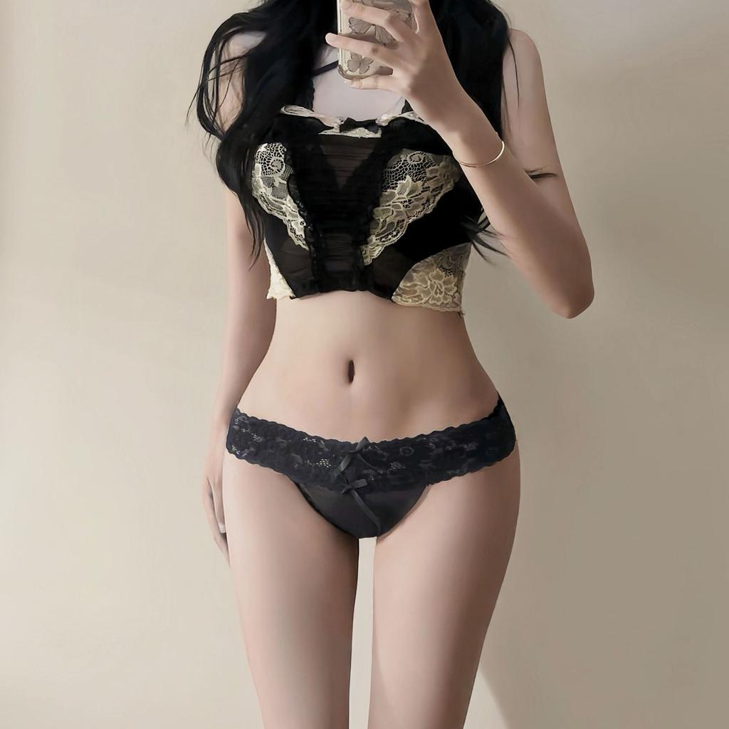 Women's Summer Sexy Lace Hollowed-out Mesh Bow Solid Color Low Rise Panties