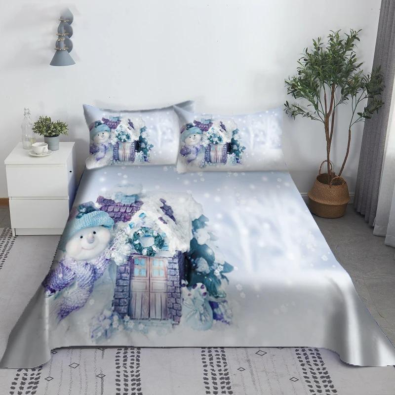 Christmas Snowman Bed Sheet Set Santa Claus 3D Carton Polyester Bed Flat Sheet With Pillowcase Boys Bedding 2/3Pcs Modern Design