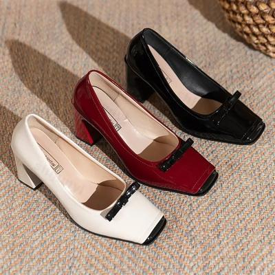 Fashion 2025 New Fashion Spring Autumn Dress Shoes Chunky Square Toe PU Leather Red Fashion Bowknot Party Office Ladies Pumps