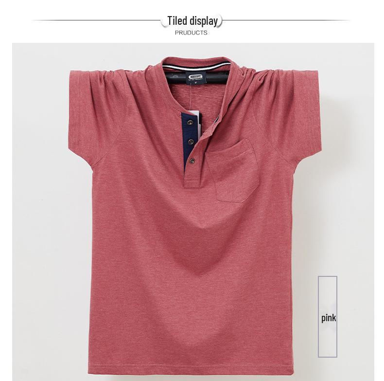 Pánské letní bavlněné tričko s krátkým rukávem nadměrné velikosti 7XL s kapsou, otevřeným límcem a knoflíky
