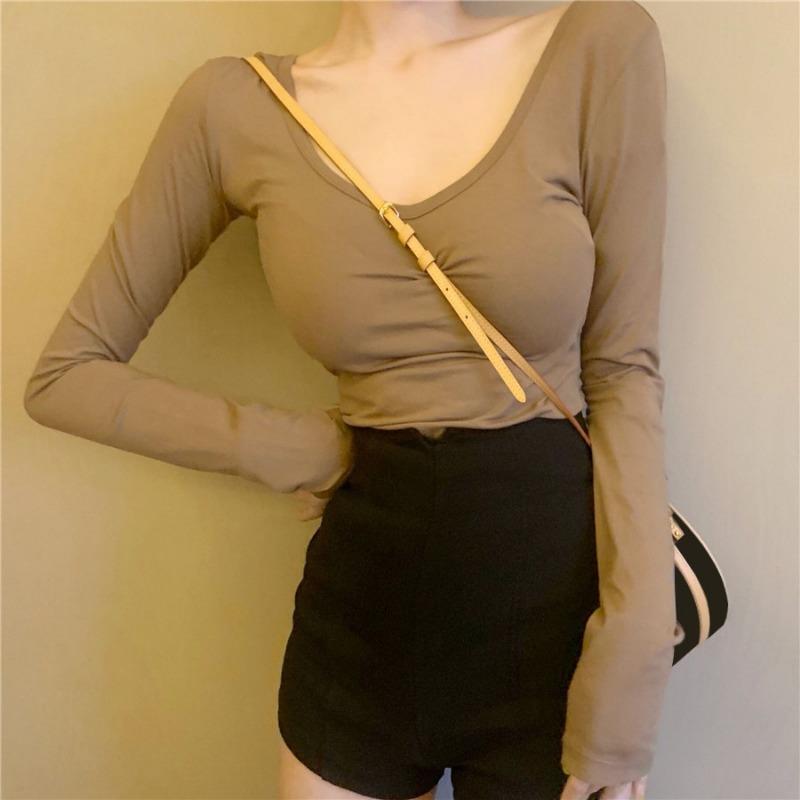 Autumn New Sexy Halter Long Sleeve T-shirt Women All Design Sense U Collar Solid Color Top Spice Girl Base Shirt
