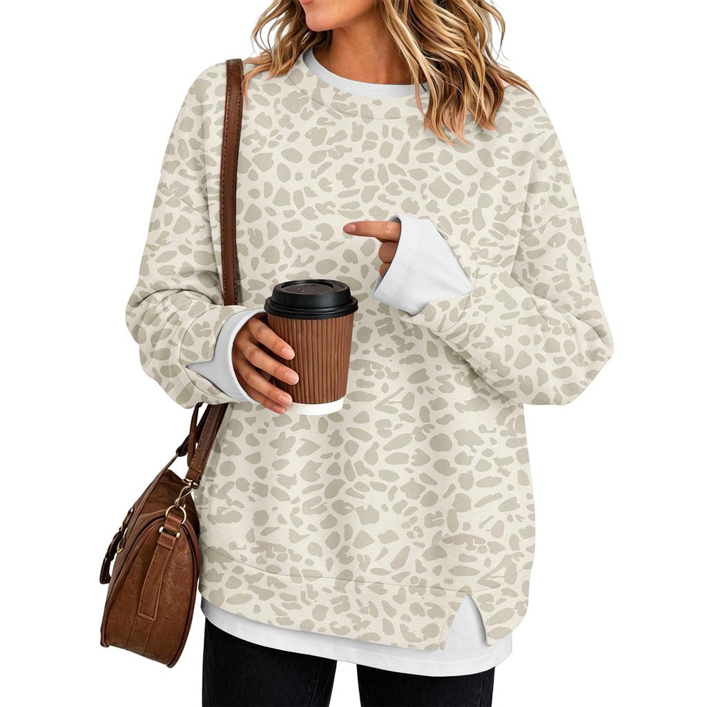 Women's Leopard Print Two-Piece Long Sleeve Round Neck Pullover Top for Casual Wear