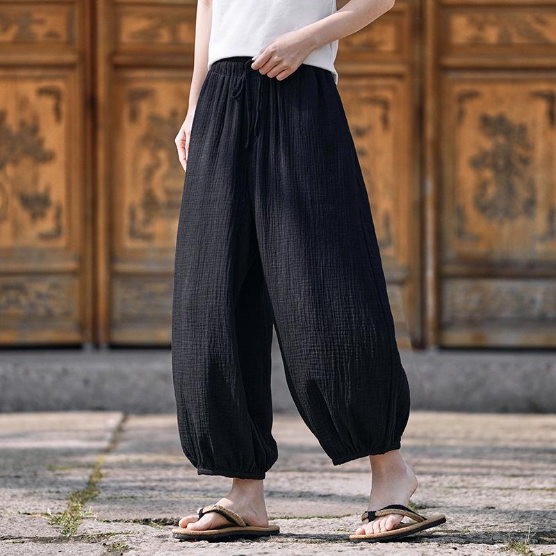 

New Chinese-Japanese Style Cotton Linen Breathable Wide-Leg Loose Casual Pants - Anti-Mosquito, Plus Size, Spring-Summer 3XL чорний