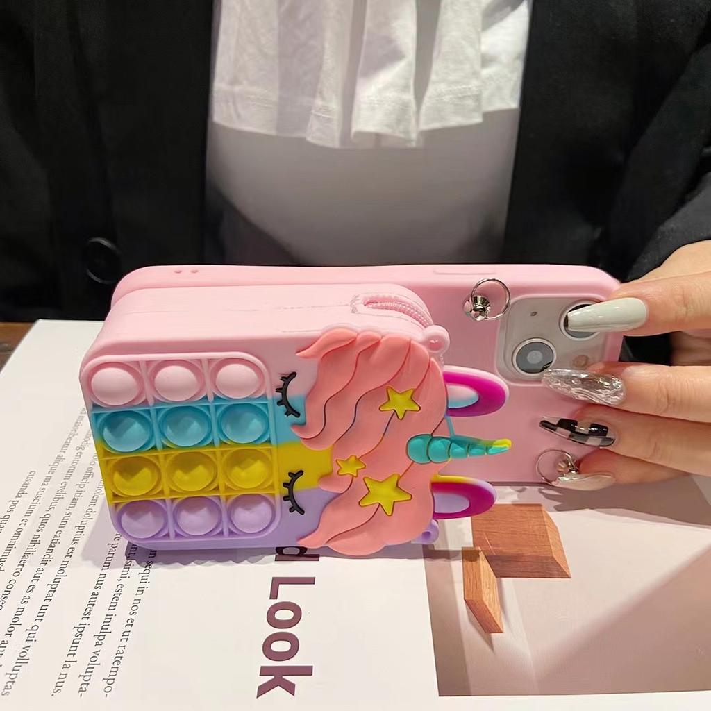 3D Cartoon Reißverschluss Geldbörse Handyhülle Für iPhone 8 7 6 6s 5 Plus X XR XS Max SE Lanyard Riemen Halskette Einhorn Blasen Hülle
