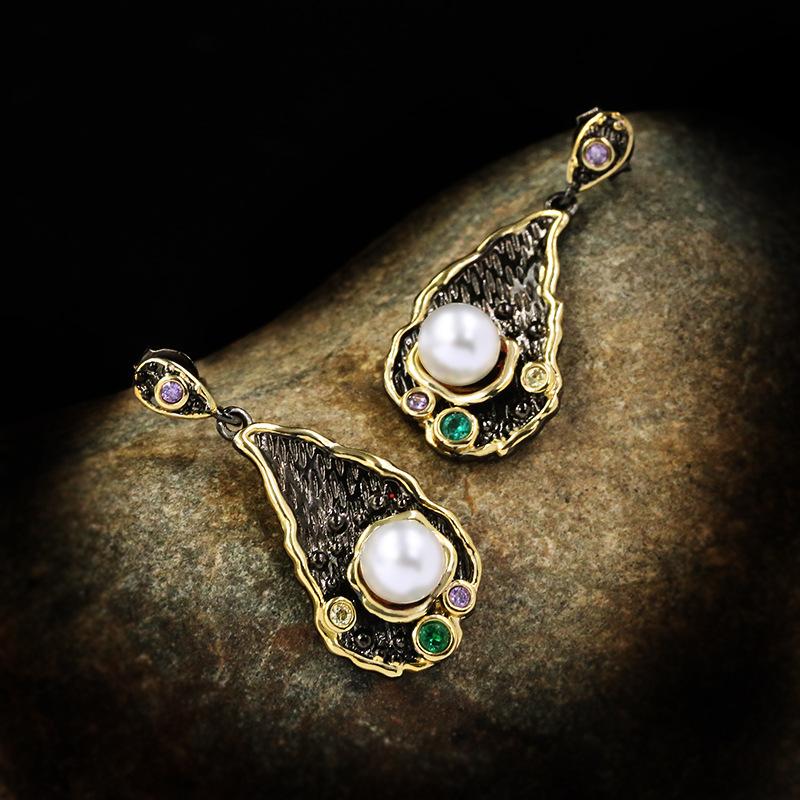 Natural Gemstone Inlaid Pearl Earrings and Earrings for Women  European and American Fashion Crystal Earrings