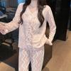 1011 autumn and winter golden velvet striped pajamas long-sleeved trousers Chinese temperament sweet lace loungewear two-piece set