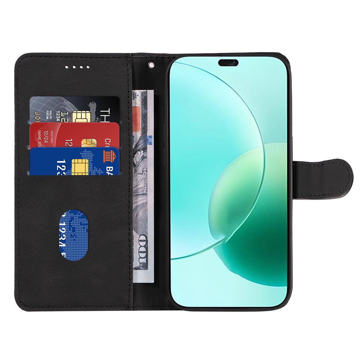

For Honor 400 Lite Wallet Case Leather Phone Cover Stand with Curved Line Design Black