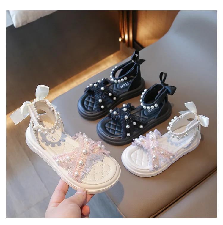 Girls Sandals 2024 Spring/Summer New Children's Sweet Princess Fashion Roman Shoes Soft Sole Bow Mesh Beach Shoes for Vacation