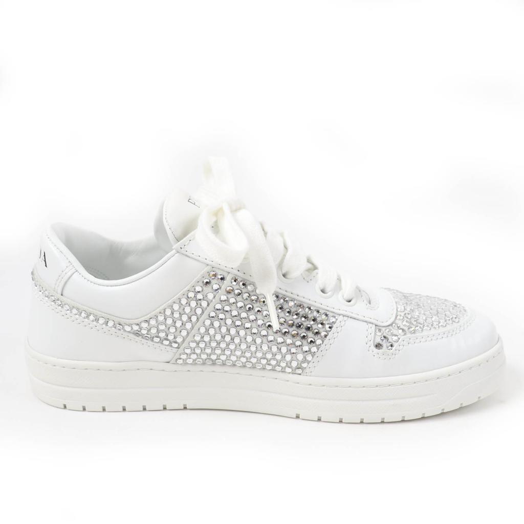 Excellent PRADA Sneakers Triangle Logo with Crystal White Leather Women 35.5  Used