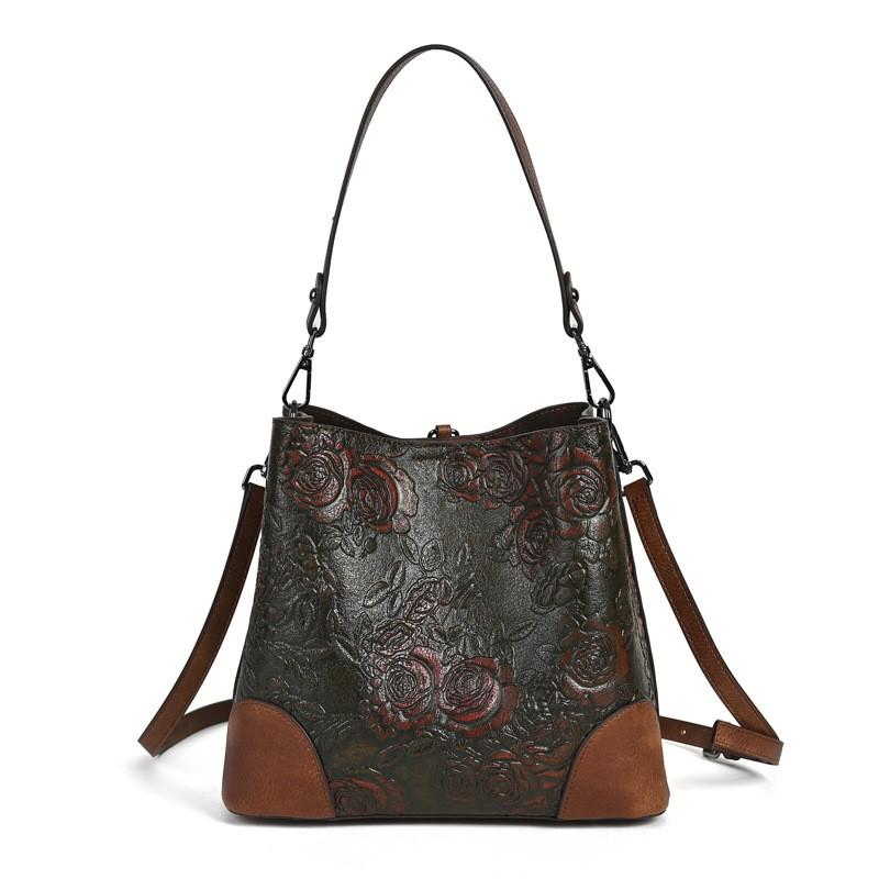 Johnature Retro Embossed Bucket Bag Large Capacity Handmade Women's Bag Versatile Shoulder Crossbody Bags