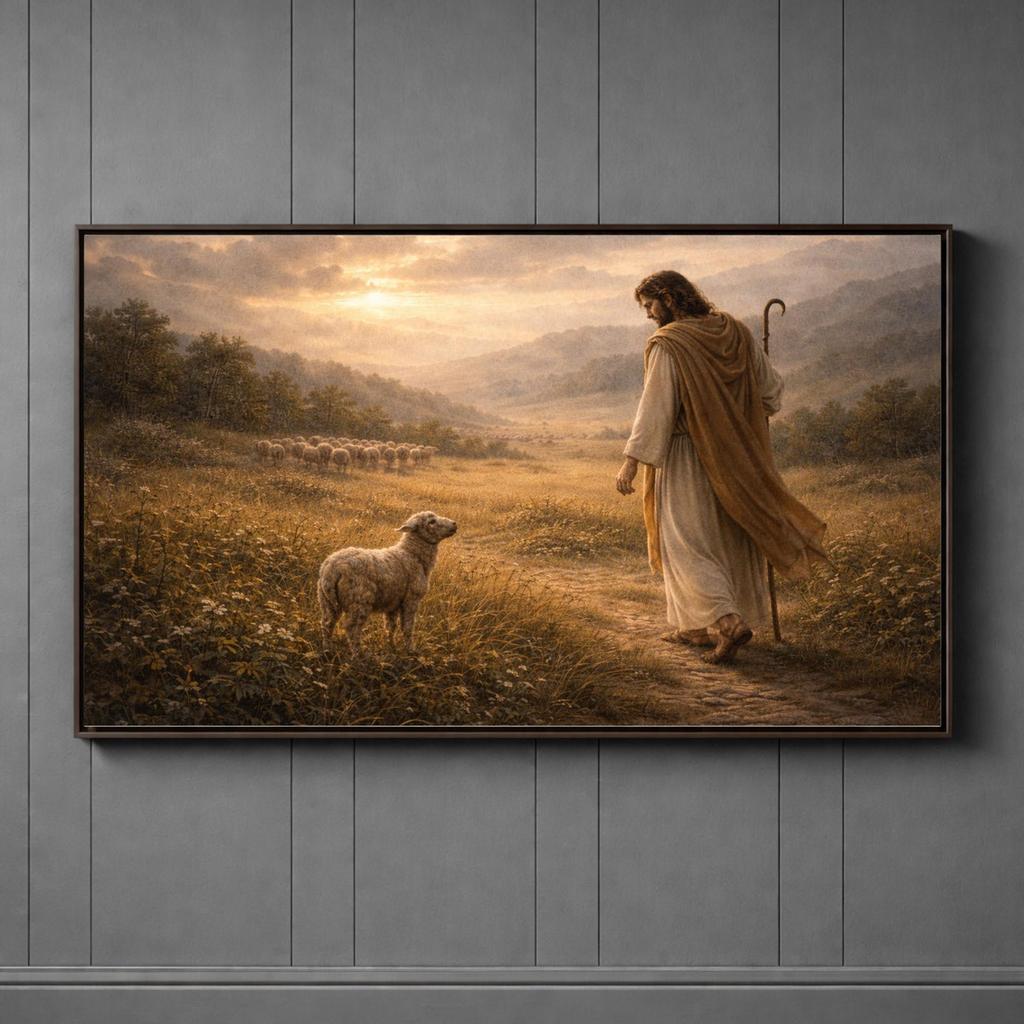 Good Shepherd Christian Canvas Wall Art, Jesus Leaving the 99 Artwork, Farmhouse Scripture Artwork, Peaceful Faith Home Decor